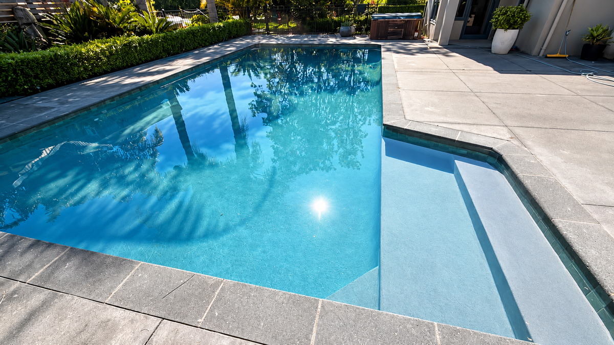 Pool and entry steps finished in Ultra Quartz Volcanic Grey with grey stone coping