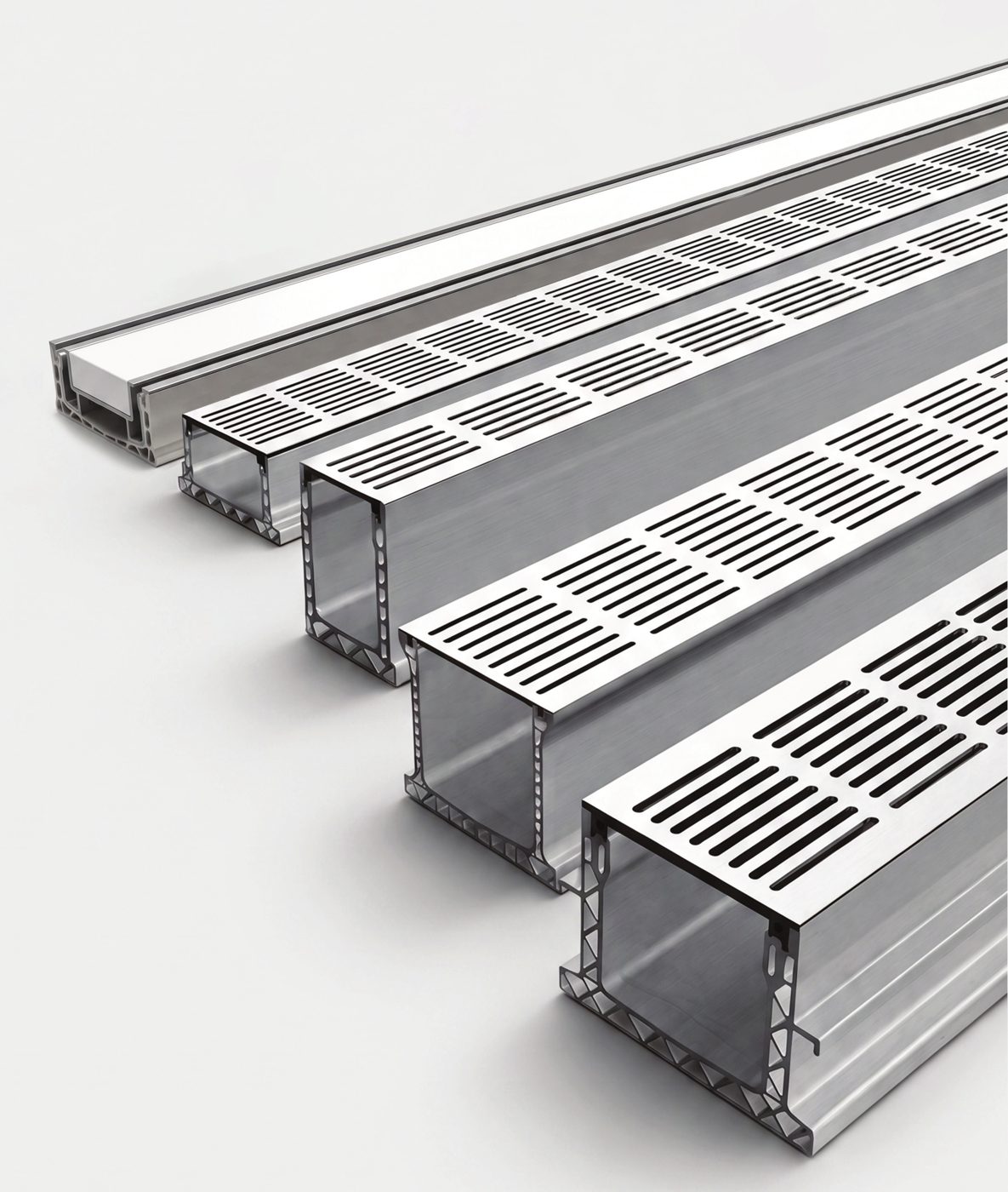 Ultra Drain Plus range: Tile Insert, UDP 45, 75, 100 and 130 channels with alloy tops